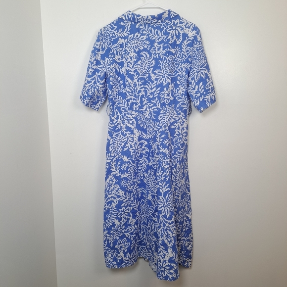 Zara Blue White Floral Printed Linen Blend Coastal Button Up Midi Dress Size L - Picture 4 of 8